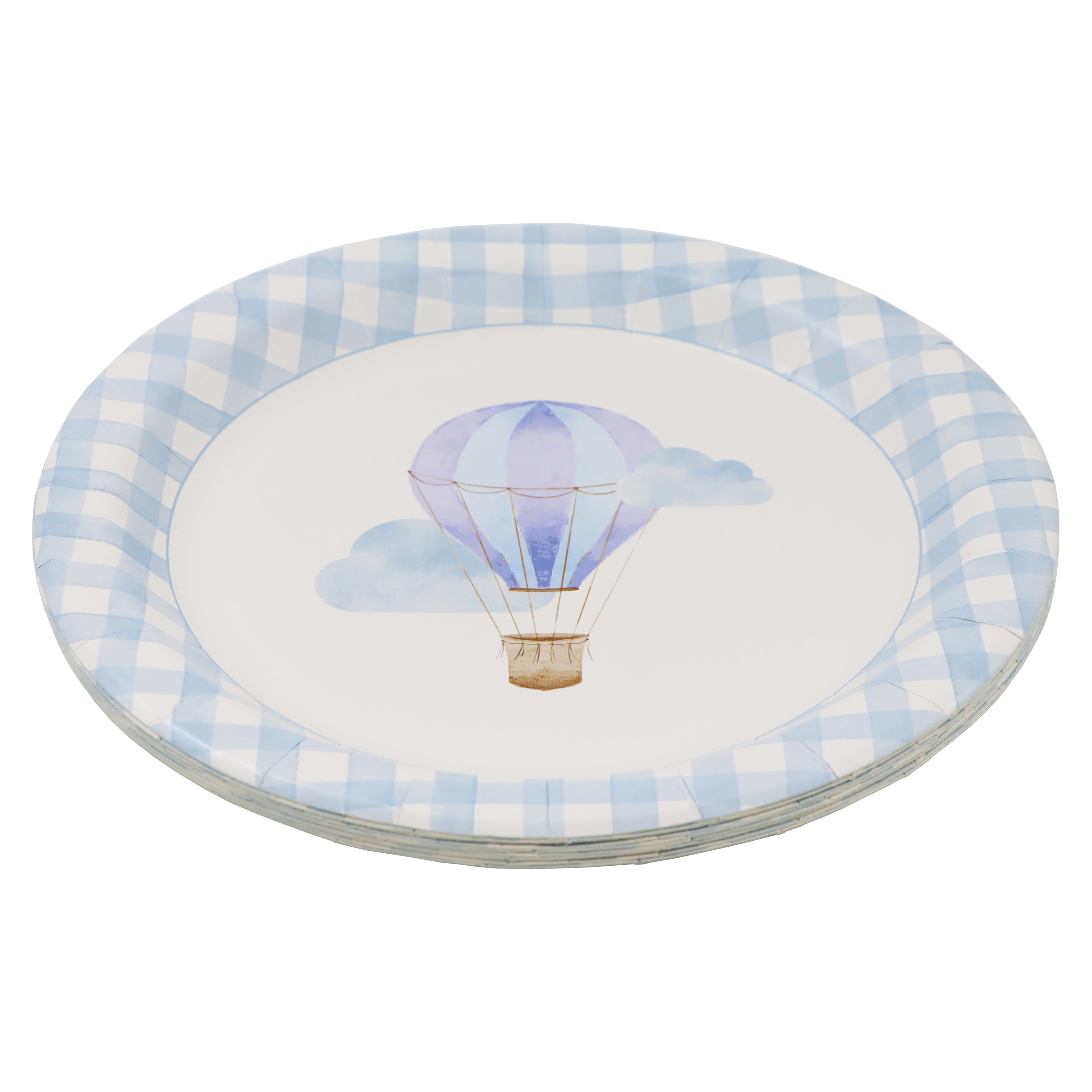 Celebrate It Paper Plates - Hot Air Balloon Print Dinner Plates with Blue Gingham Border, Blue/Multi, 9", 12 Packs (120 Total)