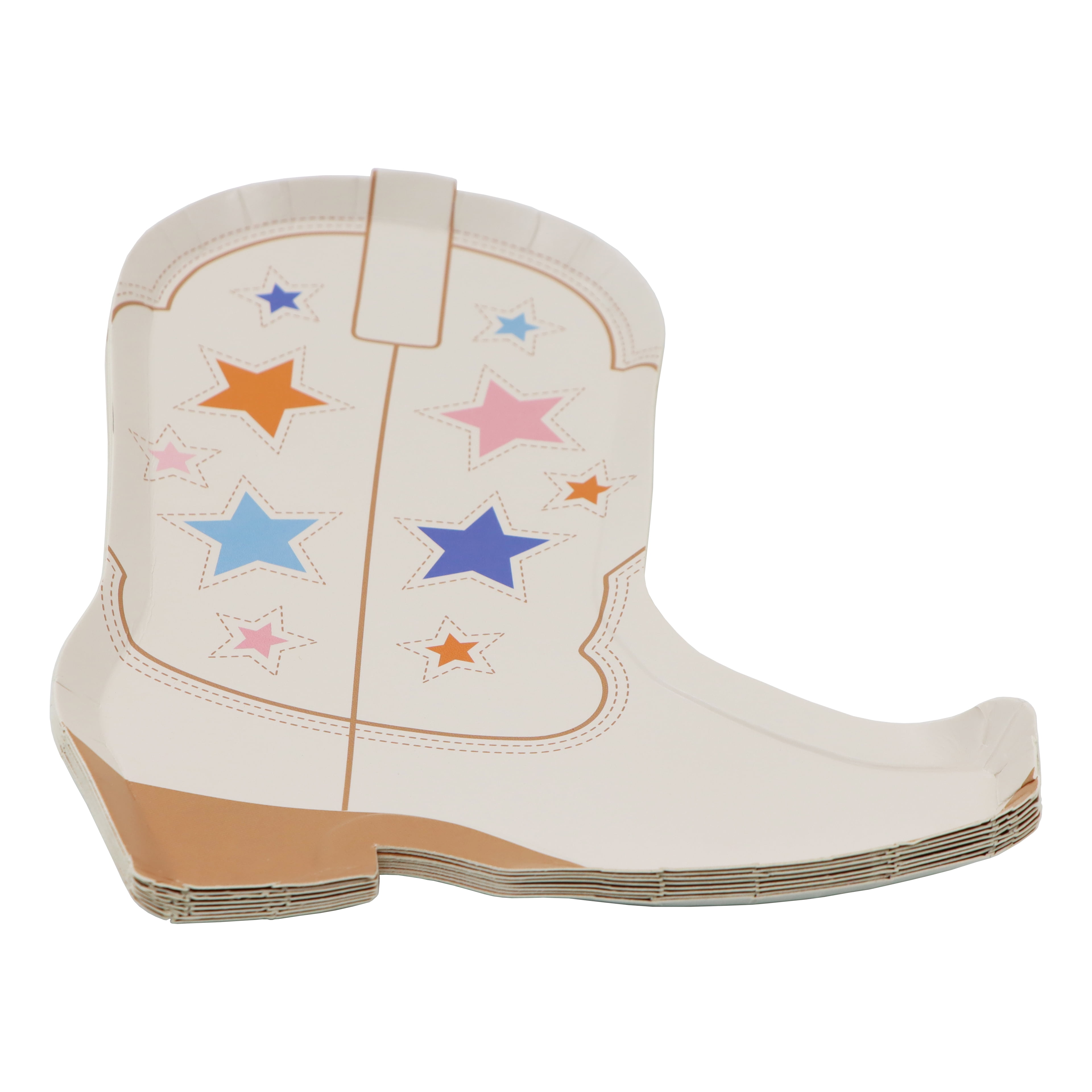 Celebrate It Paper Plates - Western Boot-Shaped Disposable Snack Plates with Star Accents, Ivory/Multi, 7", 24 Packs (192 Total)