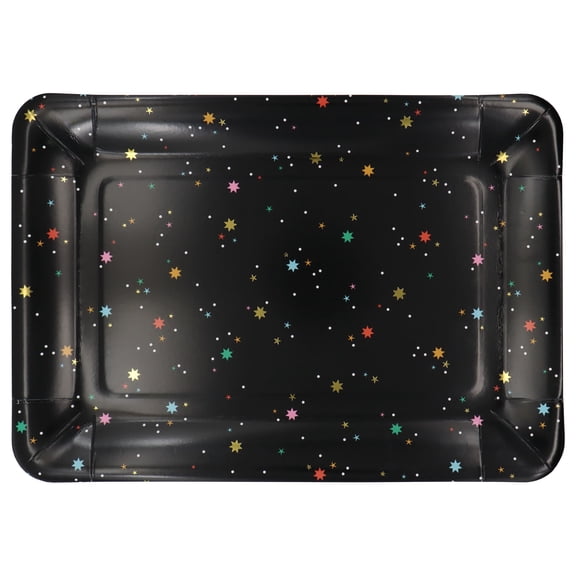 Celebrate It Paper Serving Trays, Vibrant Multicolor Stars on Black Background, 9" x 13", 12 Packs (24 Total Count)