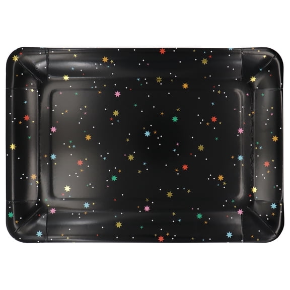 Celebrate It Paper Serving Trays - Vibrant Multicolor Stars on Black Background - 9" x 13" - 12 Packs (24 Total Count)