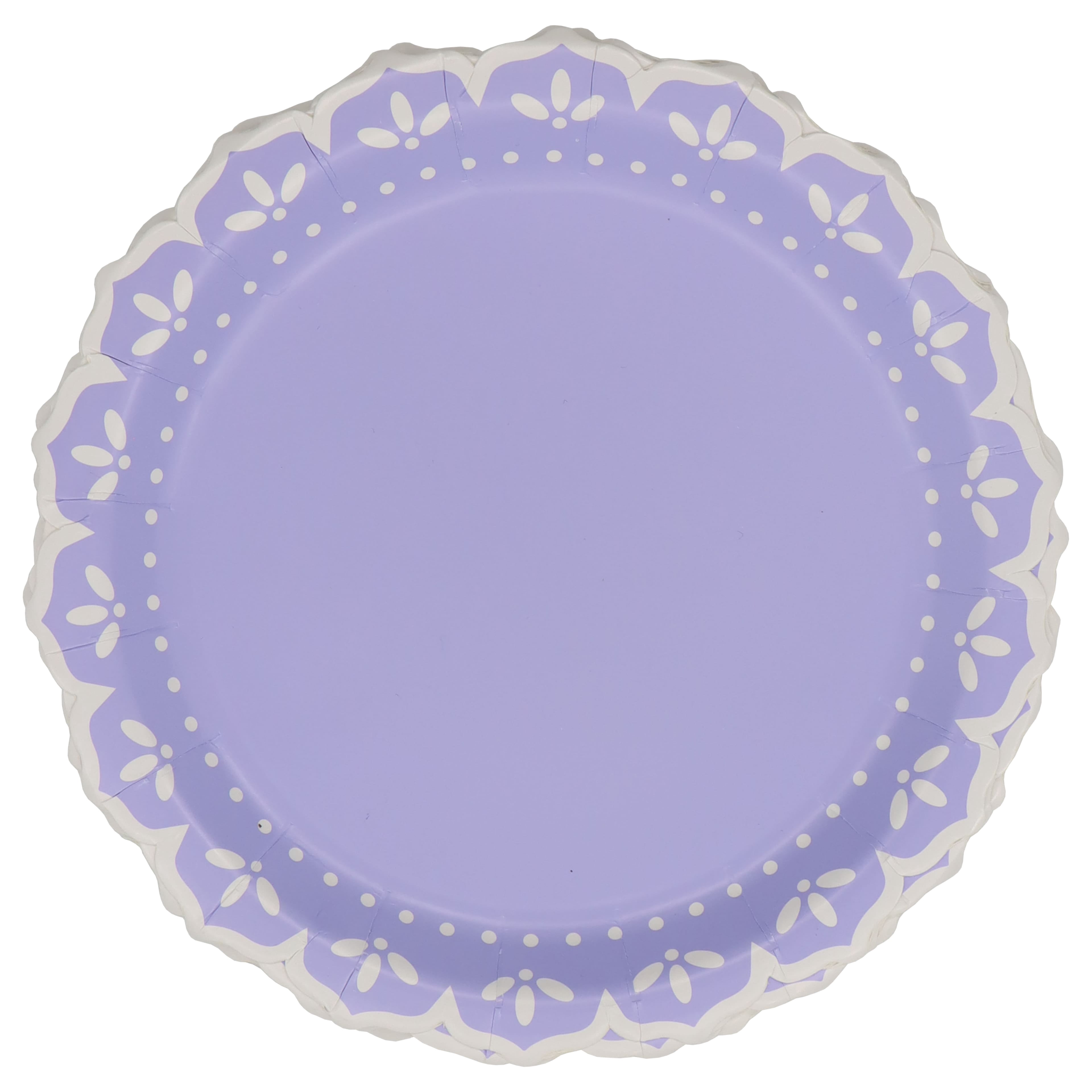Celebrate It Petal Dot Snack Plates, Lace-Inspired Scalloped Edge Paper Tableware, Purple/White, 7", 12 Pack (96 Total)