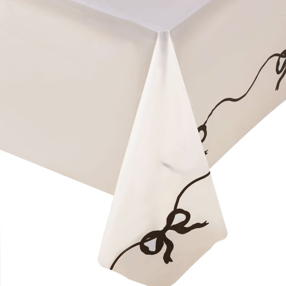 Celebrate It Plastic Table Cover - Black Bow & Ribbon Print Disposable Tablecloth, White, 54" x 108", 24 Pack