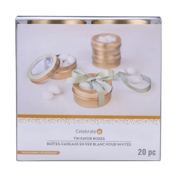 Celebrate It Round Tin Favor Boxes, Clear Window Lid Food Safe Containers, Gold, 2.5", 8 Packs (160 Total Count)