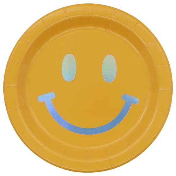 Celebrate It Smiley Face Snack Plates, Iridescent Foil Accent Decorative Paper Tableware, Yellow, 7", 12 Pack (96 Total)