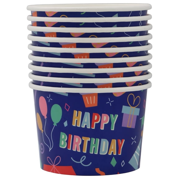 Celebrate It Snack Cups, Happy Birthday Balloon and Cupcake Design, Dark Blue Multicolor, 8oz, 12 Packs (120 Total Count)