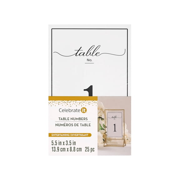 Celebrate It Table Number Card Set, Numbers 1-25 Double-Sided Print, Black & White, 5.5" x 3.5", 6 Packs (150 Total Cards)