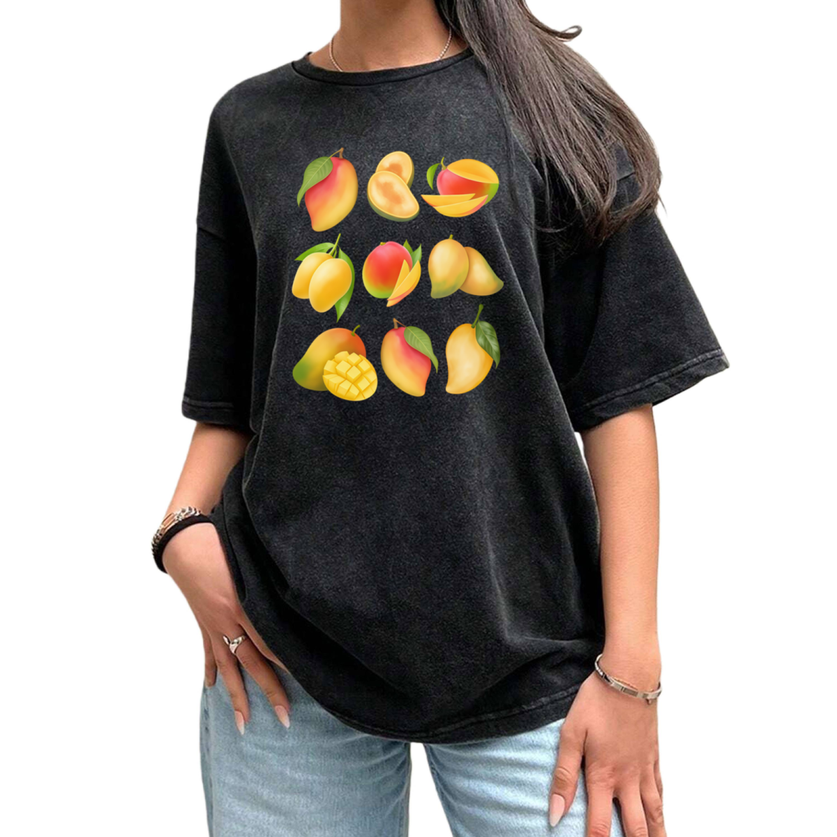 Celebrate Juicy Mango Harvest Joy Black Washed Mango Print Tshirt Celebrate Juicy Mango Harvest Joy Black Washed Mango Print Tshirt