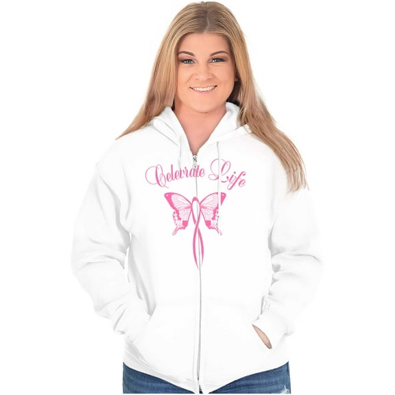 Celebrate Life Breast Cancer Support Womens Plus Size Graphic Zipper Hoodie Brisco Brands 3X