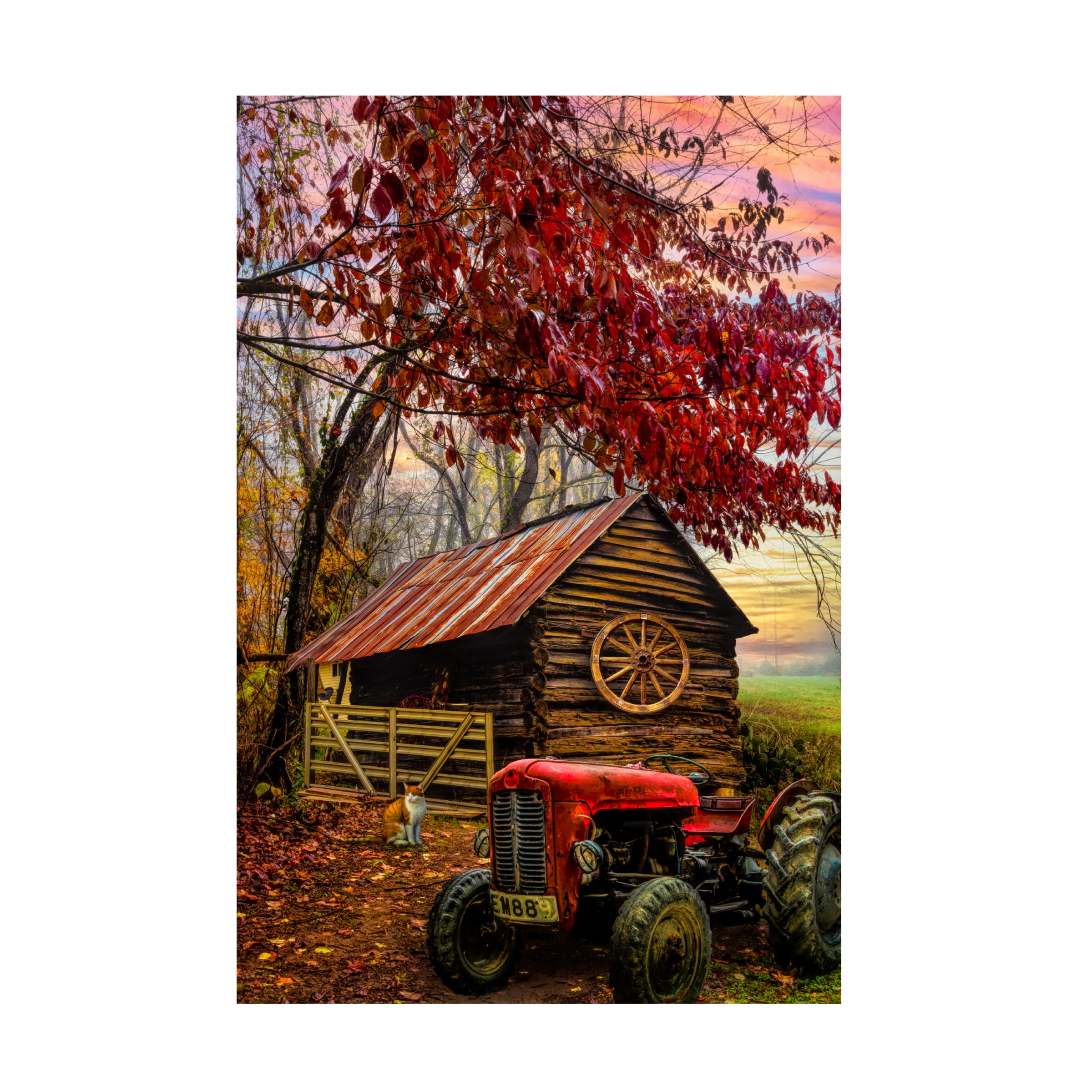 Rustic Red Tractor at Sunrise Landscape Canvas Print