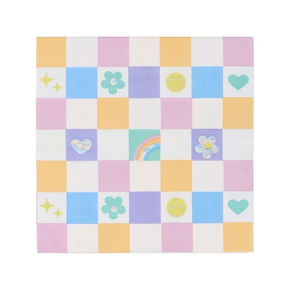 Celebrate It Lunch Napkins  Checkered Paper Napkins with Smiley Faces - Flowers - Hearts & Rainbow Icons - Multicolor - 6.3" x 6.3" - 12 Packs (240 Total)