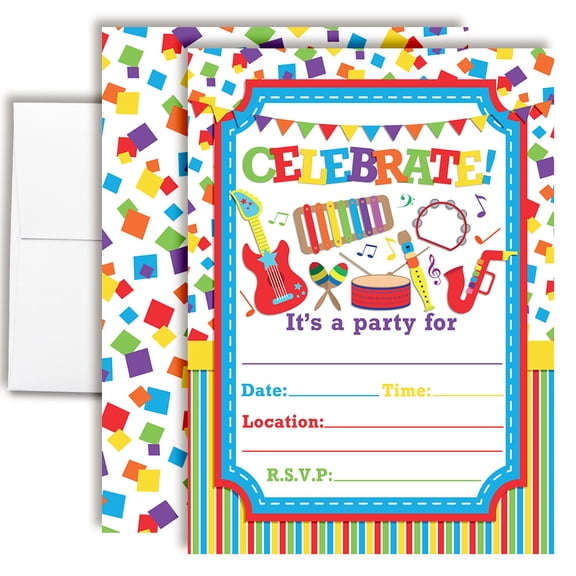Celebrate Musical Instruments Birthday Invitations for Kids, 20 Fill-In Cards with Envelopes, 5x7 Children's Birthday Party Invitations, Birthday Party Supplies, Made in USA by Amanda Creation