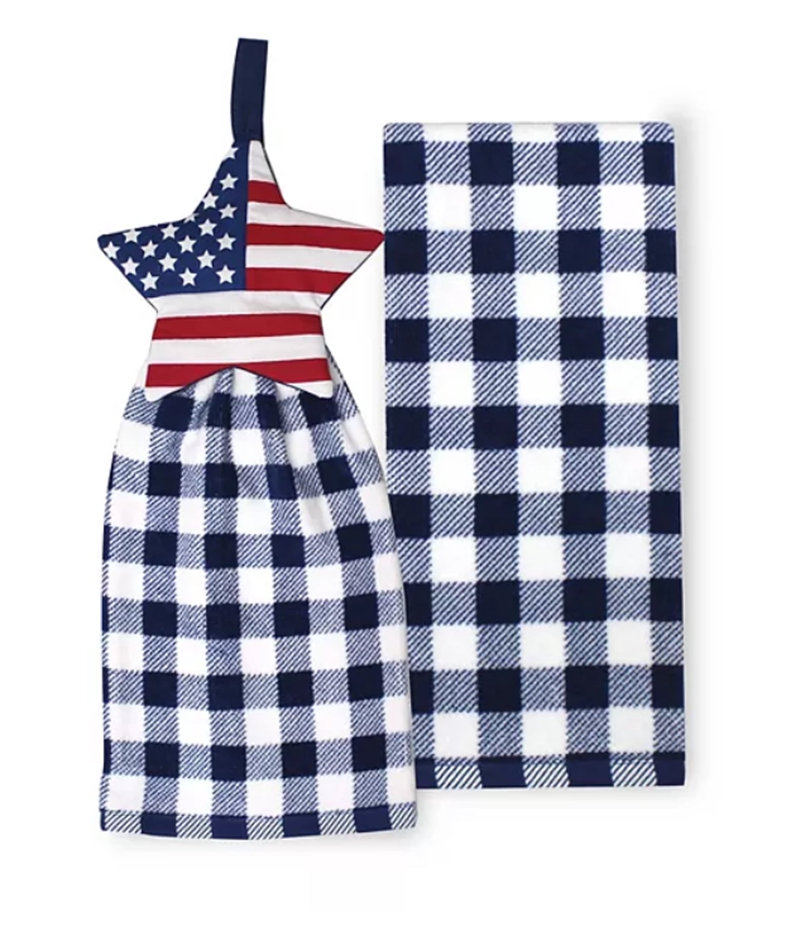 Celebrate  Together Star Kitchen Tie-Top Towels, Patriotic Flag Buffalo Check, Red, White Blue, 2 Piece Set