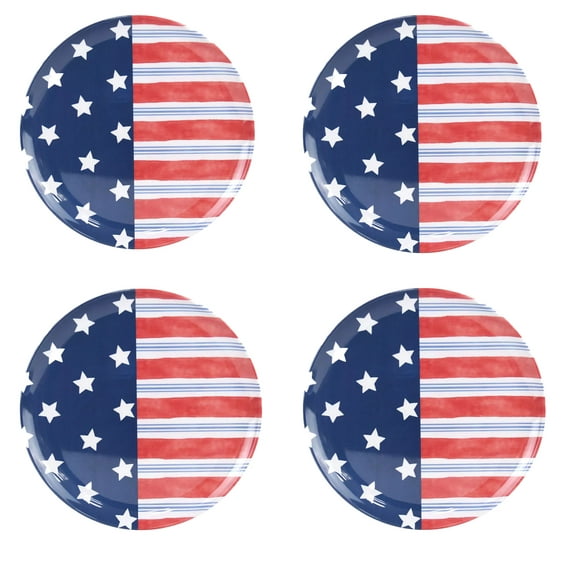 Celebrate Set of 4 Patriotic Melamine Dinner Plates 11" Stars & Stripes Design Round