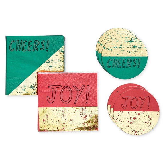 Celebrate Shop 100-Piece Cheers! & Joy Napkin & Coaster Set (Green/Red/Gold)