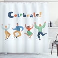 thumbnail image 1 of Celebrate Shower Curtain, Calligraphy with Happy Humans Jumping up and down Friendship Joyous Moments, Fabric Bathroom Set with Hooks, 69W X 70L Inches, Multicolor, by Ambesonne, 1 of 2