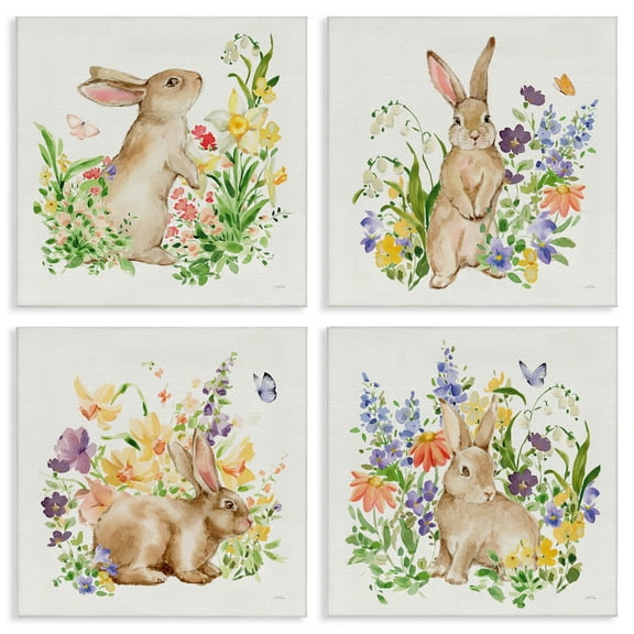 Celebrate Spring Floral Bunnies 4pc Canvas Set, 17 x 17, Made In USA