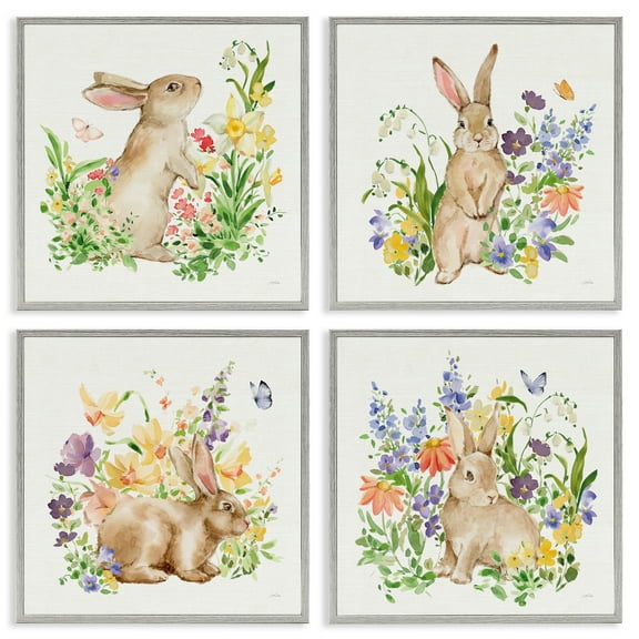 Celebrate Spring Floral Bunnies Gray 4pc Framed Giclee Set, 17 x 17, Made In USA