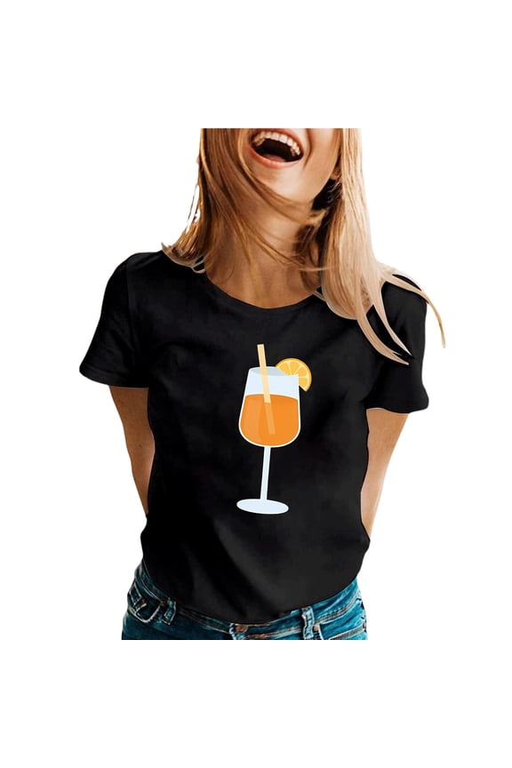 Celebrate Spring and Summer with this Casual Print Short-Sleeve T-Shirt Round Neck, Relaxed Fit A versatile T-shirt top for everyday wear E,Black,M