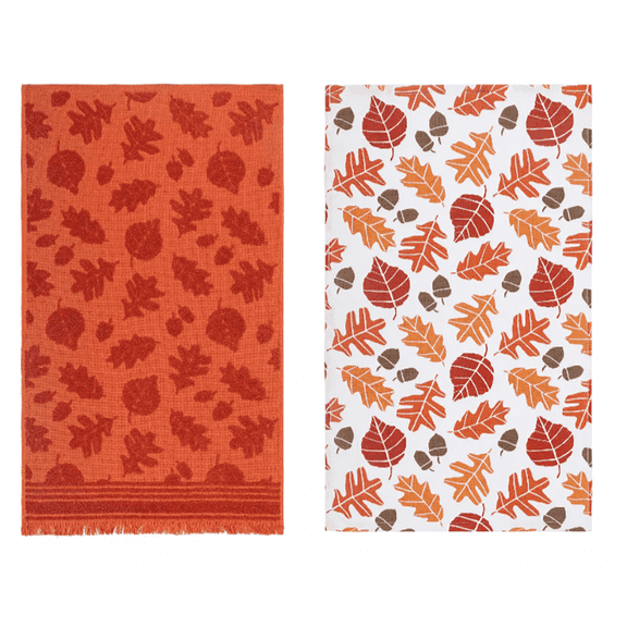 Celebrate Together Fall Kitchen Towels, Set of 2, Orange and White, 15 x 26 inches, Cotton