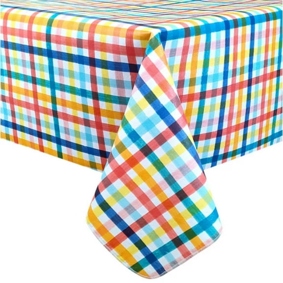 Celebrate Together Gingham Check PEVA Tablecloth, Rainbow Plaid, Flannel Back 60 x 84 inches