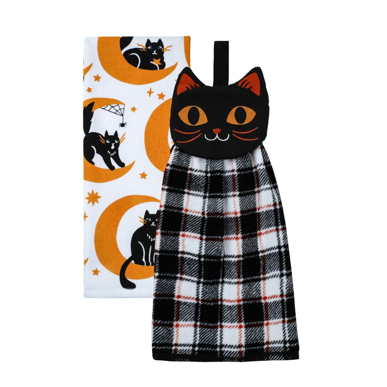 Celebrate Together Halloween Black Cat Moon Tie Top Kitchen Towel 2 Piece Set Cotton