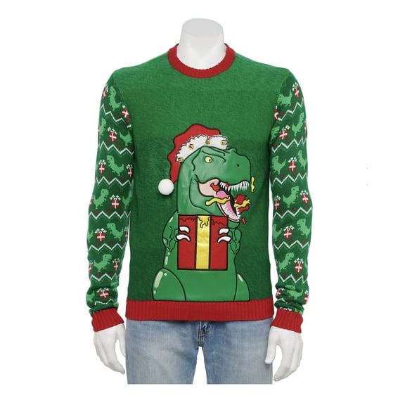 Celebrate Together T-Rex Ugly Christmas Sweater Men's Put Your Drink in My Pocket Crewneck Long Sleeve Large