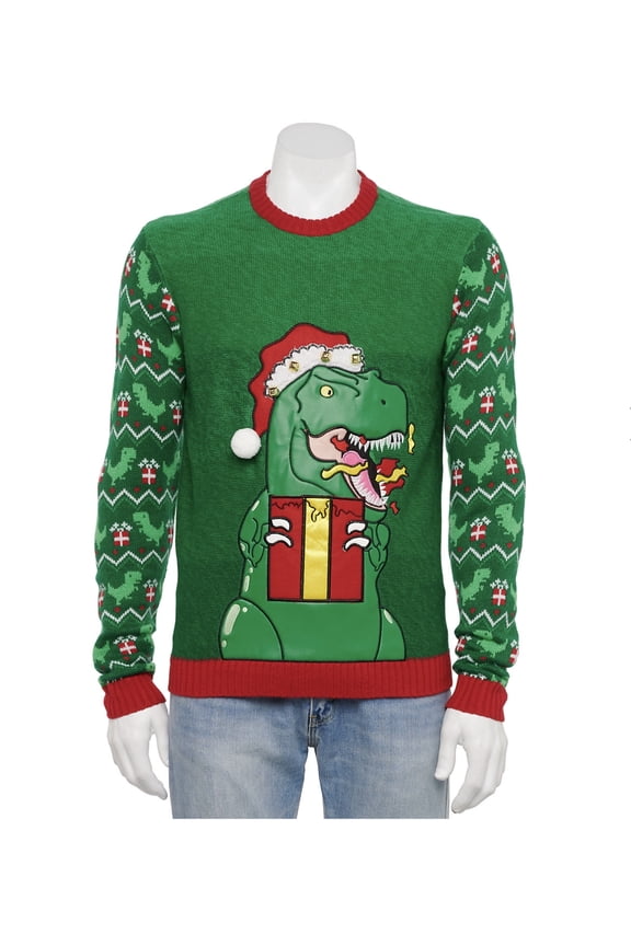T-Rex Ugly Christmas Sweater Men's Put Your Drink in My Pocket Crewneck Long Sleeve Large