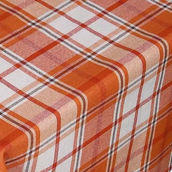 Celebrate Fall Orange Autumn Harvest Plaid Tablecloth, Fabric 70" Round