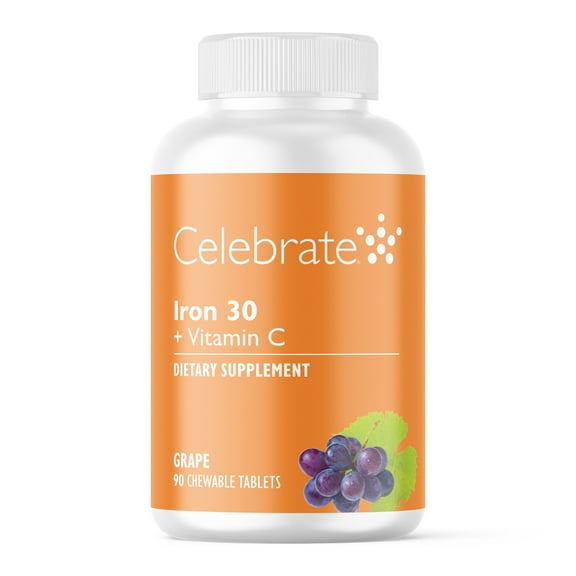 CELEBRATE VITAMINS Iron 30 mg + Vitamin C Chewable Tablets, Grape Flavor, 90 Count