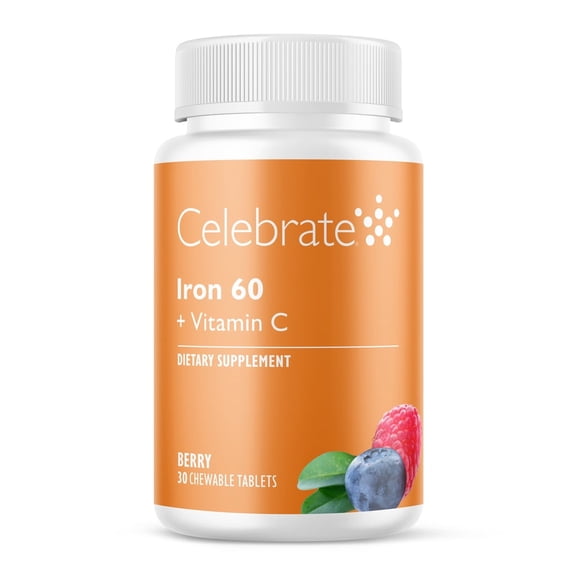 CELEBRATE VITAMINS Iron 60 mg + Vitamin C Chewable Tablets, Berry Flavor, 30 Count