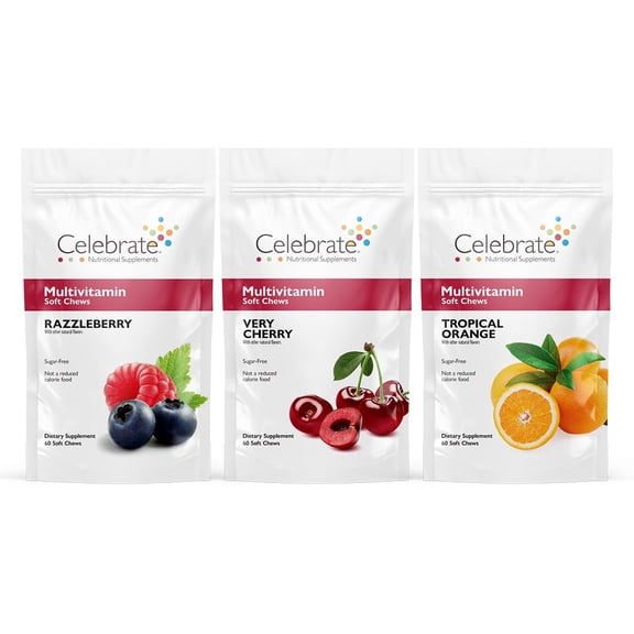 Celebrate Vitamins Bariatric Multivitamin Soft Chews, Razzleberry/Strawberry/Cherry, 180 count