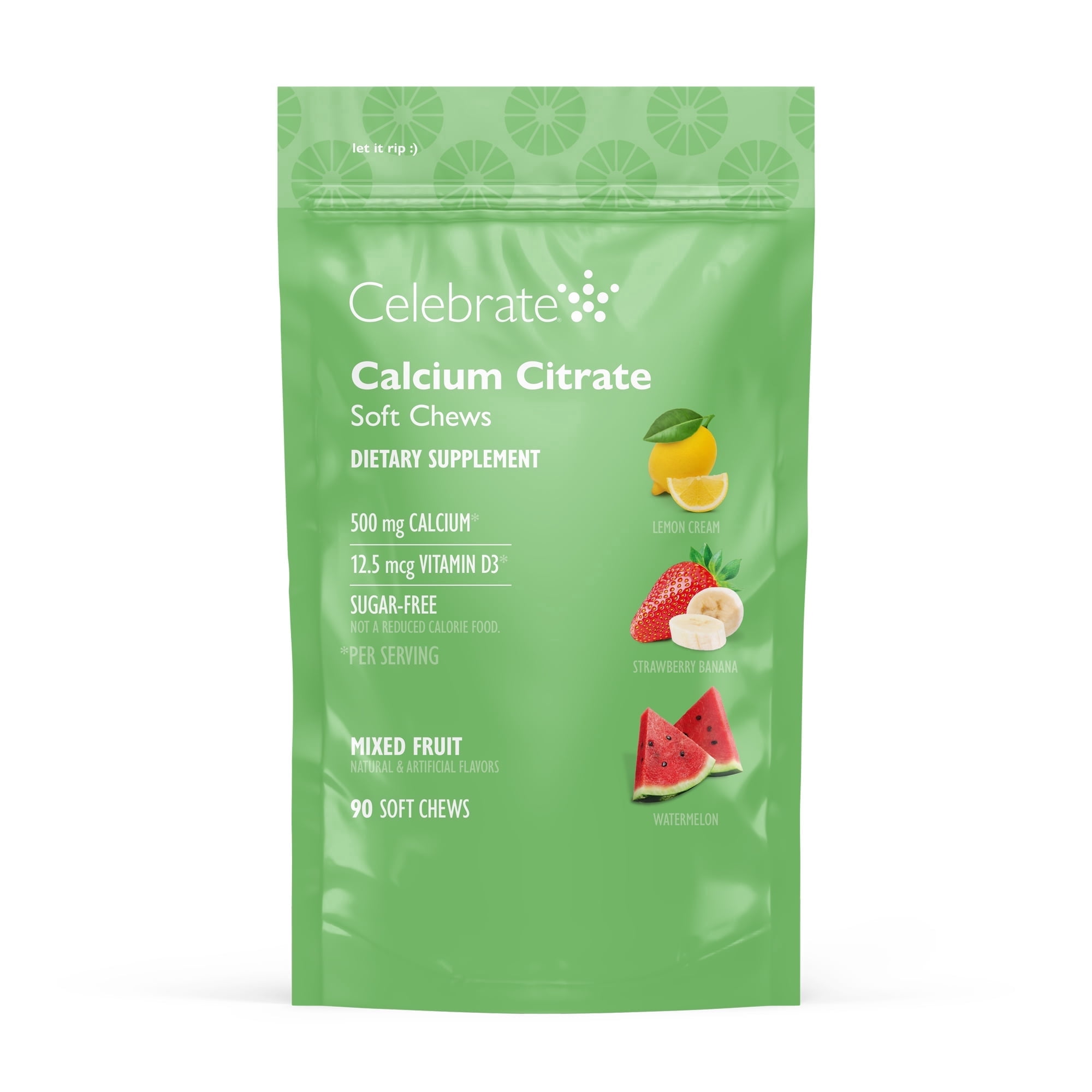 CELEBRATE VITAMINS Chewable Calcium Supplement, 500 mg Calcium Citrate with Vitamin D, Mixed Fruit, 90 Count
