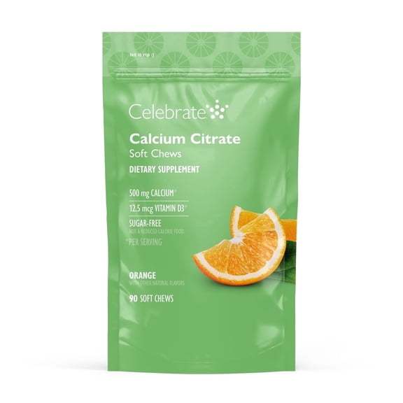 CELEBRATE VITAMINS Calcium Soft Chews, 500 mg Calcium Citrate with Vitamin D, Orange Flavor, 90 Count