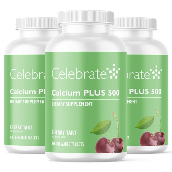 Celebrate Vitamins Calcium Plus 500 Chewable Tablets, 500 mg Calcium Citrate with Vitamin D3, Cherry Tart, 270 count