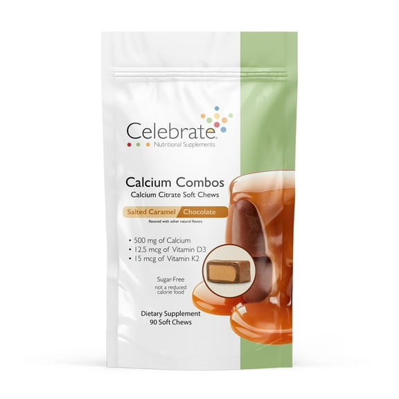 Celebrate Vitamins Calcium Soft Chew Combos, 500 mg Calcium Citrate with Vitamin D, Salted Caramel Chocolate, 90 count