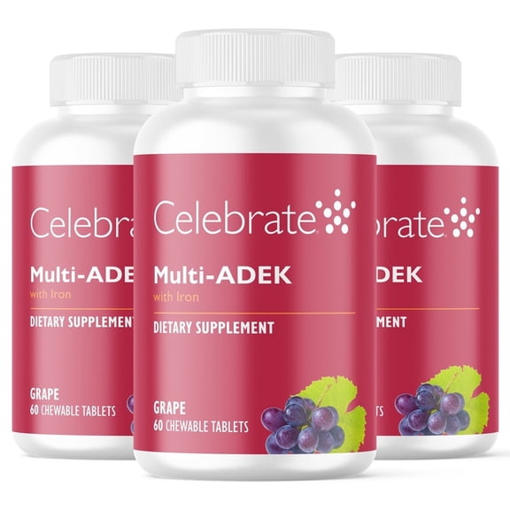 Celebrate Vitamins High ADEK Bariatric Multivitamin with Iron Chewables, 60 mg Iron, Grape, 180 count