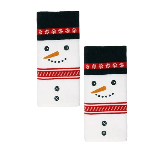 Celebrate White Snowman Face  2-Pack Velour Hand Towels Christmas Decorating