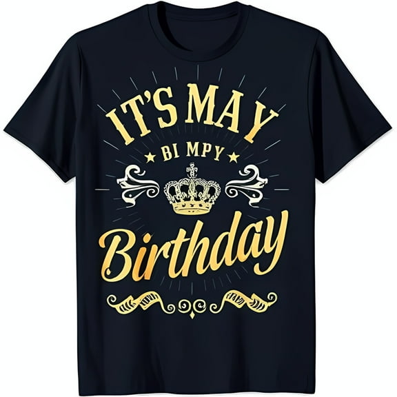 Celebrate Your May Birthday in Style: Blue T-Shirt with Gold Crown & Stars Graphic