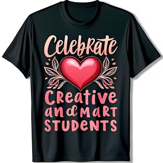 Celebrate and Smart Students Black T-Shirt with Floral Design & Heart