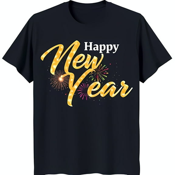 Celebrate in Style: Black T-Shirt with Glittery 'Happy New Year' Graphic & Colorful