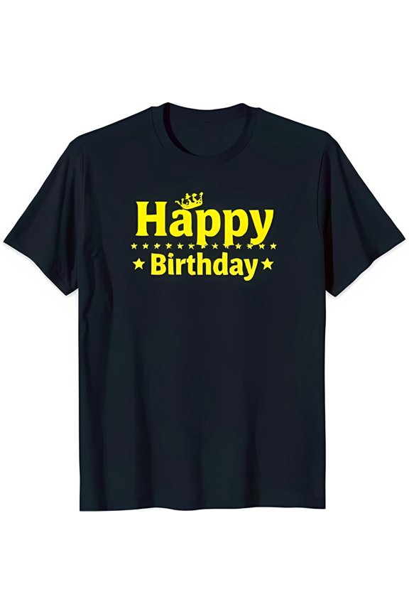 Celebrate in Style: Blue 'Happy Birthday' Graphic Tee with Crown & Stars