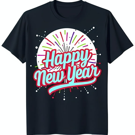 Celebrate in Style: Vibrant New Year's Graphic on Black T-Shirt
