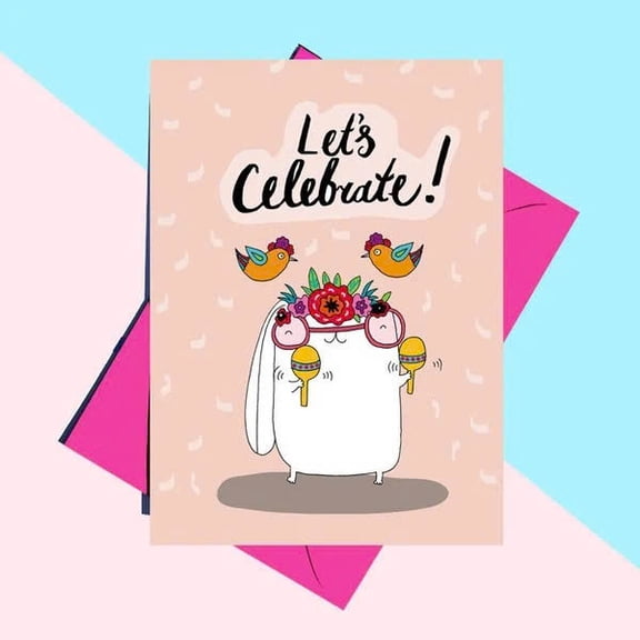 Celebrate with Cute Bunny Card  "Let's Celebrate!" Design  Blank Inside, Envelope Included  Perfect for Birthday, Party, or Friendly Greetings