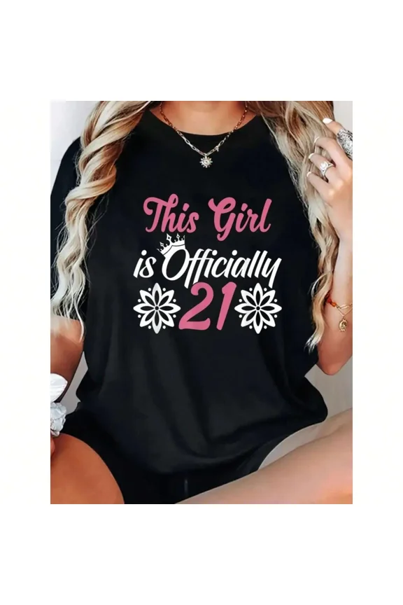 Celebrating 21st Birthday T-shirt,Women's Soft Round Neck Short Sleeve Top