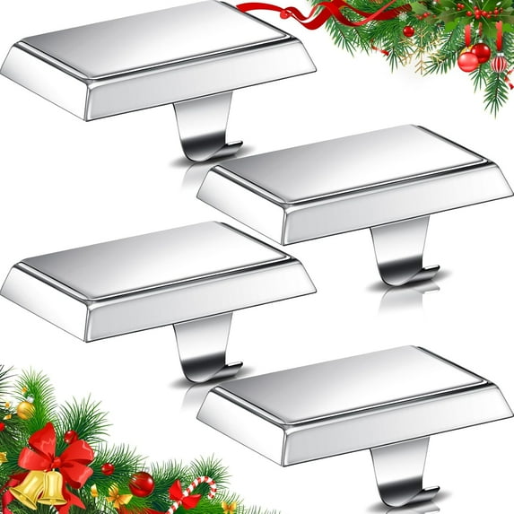 Celebration! 10kg Hook Metal Christmas Stocking Holders for Mantle Heavy Duty Stocking Hangers Stocking Hook Christmas Ornaments for Counter Tables Window Fireplace Mantle Decor,Silver-4PC