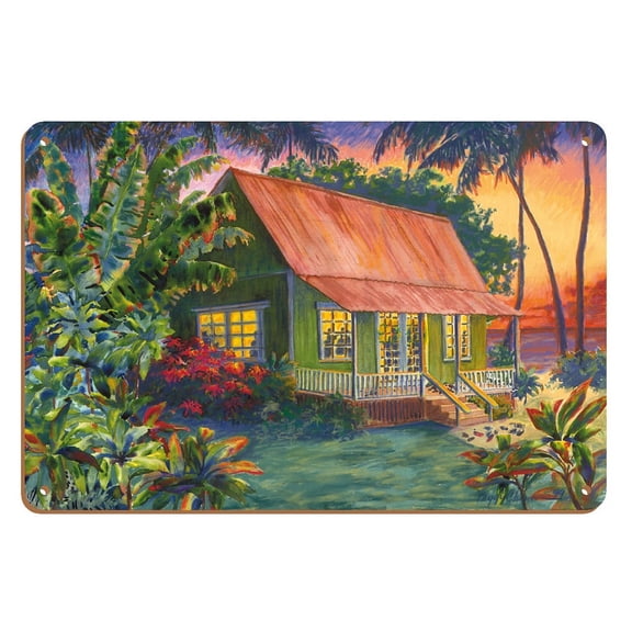 Celebration at Banana Patch - Hawaiian House (Hale) at Sunset - From an Original Hawaii Watercolor Painting by Peggy Chun - 8 x 12 inch Vintage Wood Art Sign