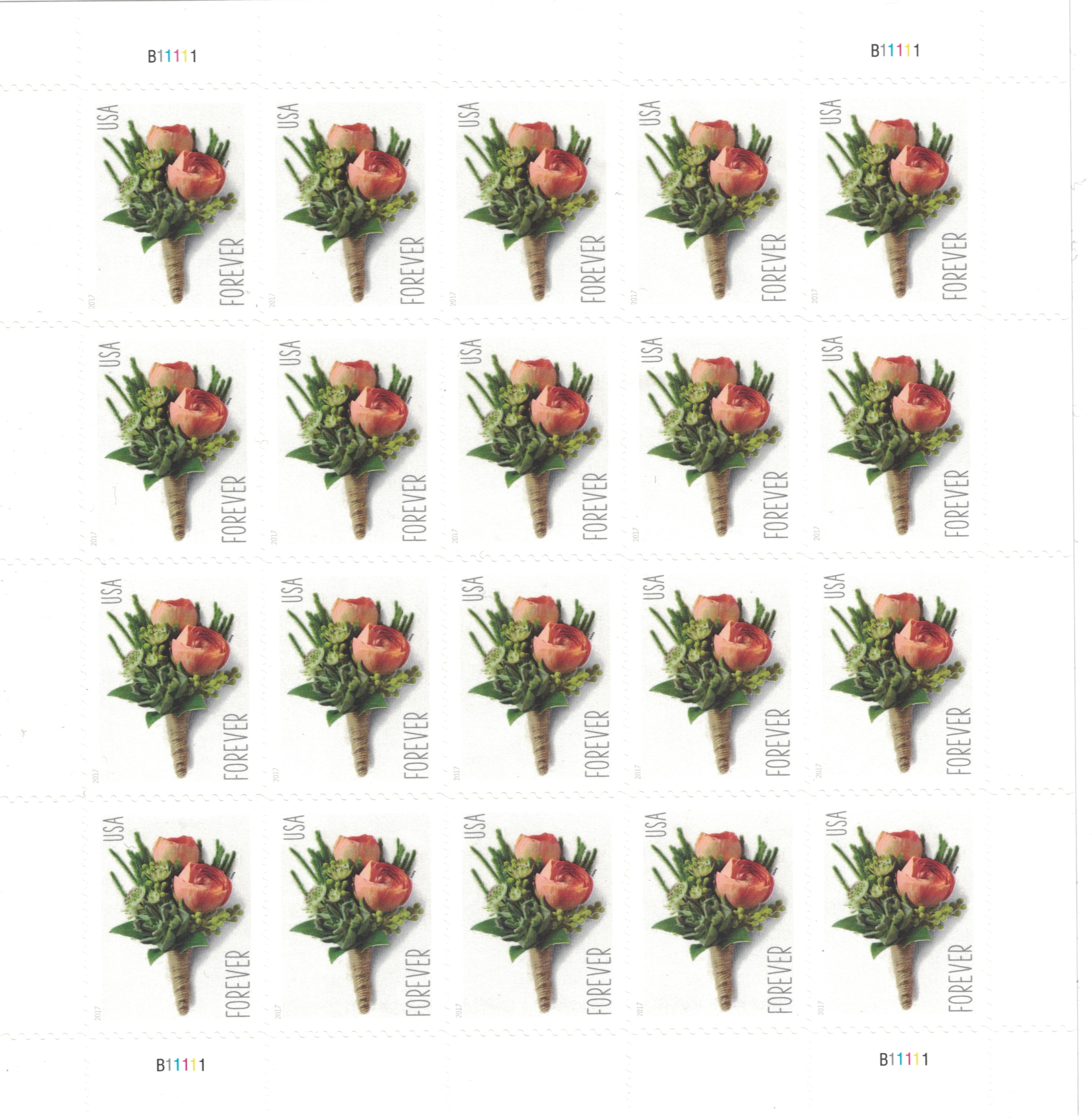 Celebration Boutonniere Sheet of 20 USPS Forever First Class Postage Stamps  Wedding Prom Memorial