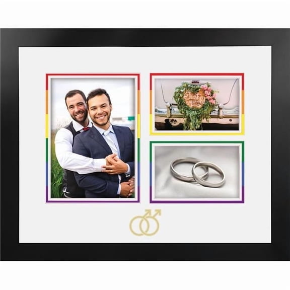 Celebration Frames MPMSWG03 LGBTQ Pride Wedding Multi-Photo Frame with White & Rainbow Mat -Gold Interlocking Man