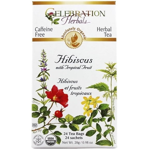 Celebration Herbals Organic Hibiscus with Tropical Fruit Tea Caffeine Free - 24 Tea Bags Pack of 4