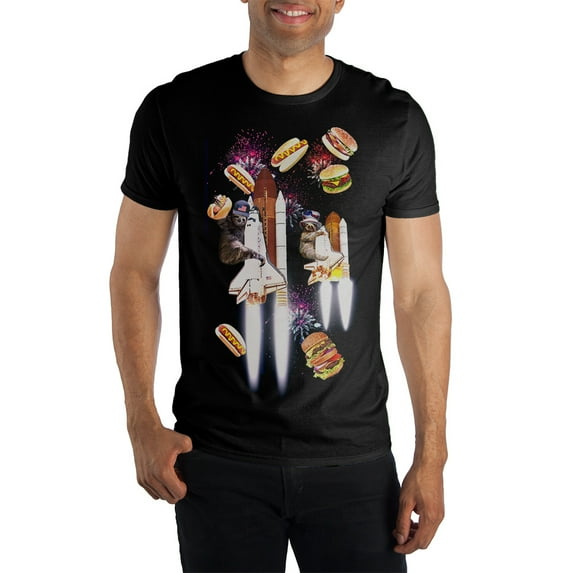 Celebration Sloth Space Shuttle Firework Party With Hamburgers & Hotdogs Men's Black T-Shirt Tee Shirt-4XL